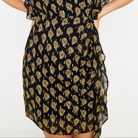 Boho Wrap Dress Ruffle Gold Black S / US 4 - Picture 3 of 12